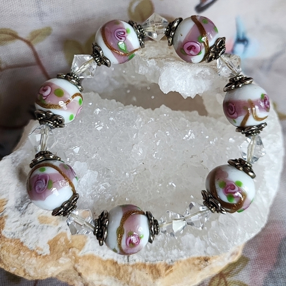 Wedding Cake Glass Venetian Lampwork Beads Pink Flowers White Stretch Bracelet